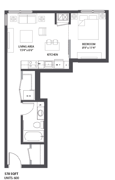 Floor plan for 1 bed, 1 bath, 602 sqft